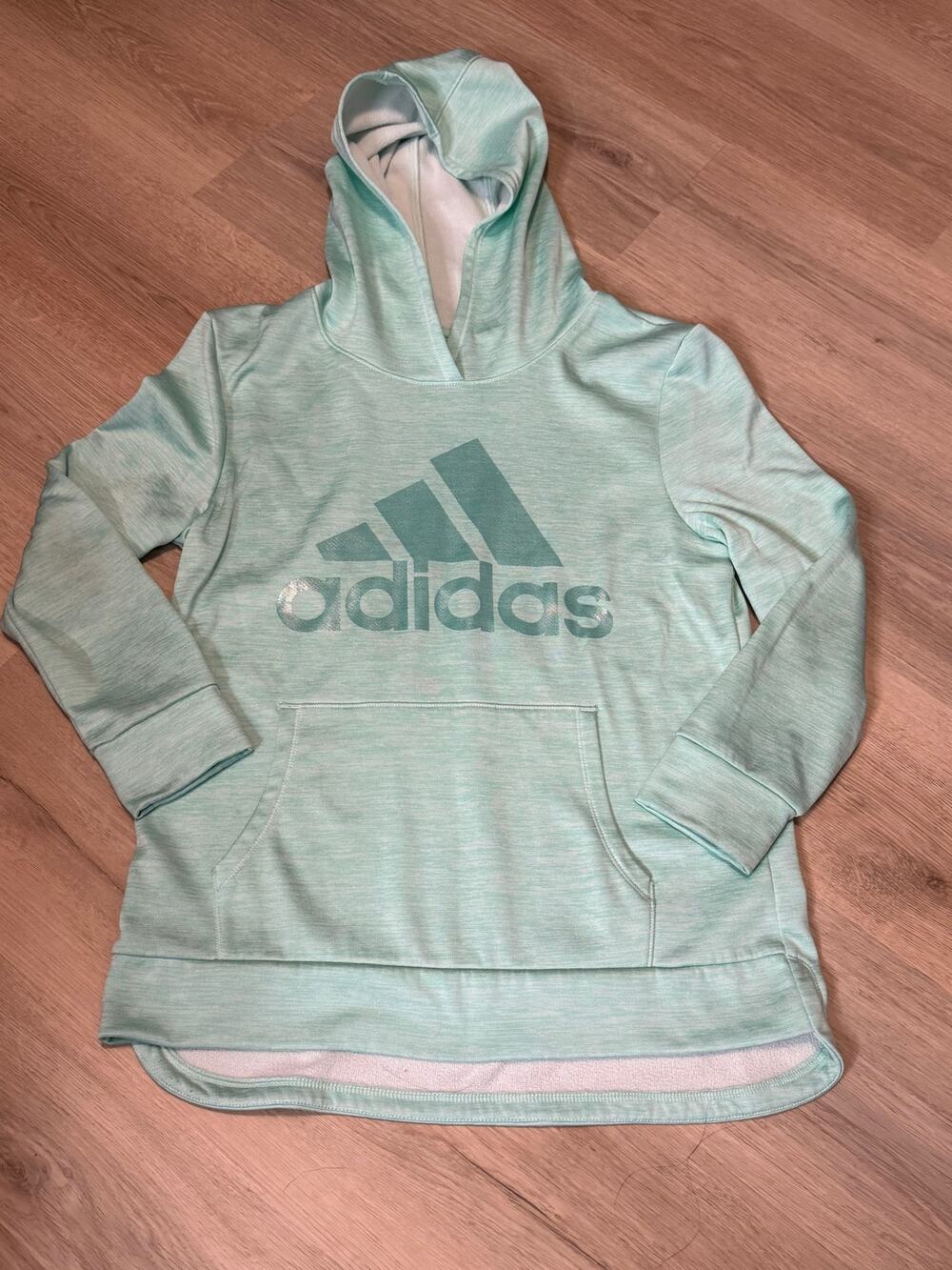 Adidas Girls XL 16 Mint Green Pullover Hoodie Shiny Logo Athletic